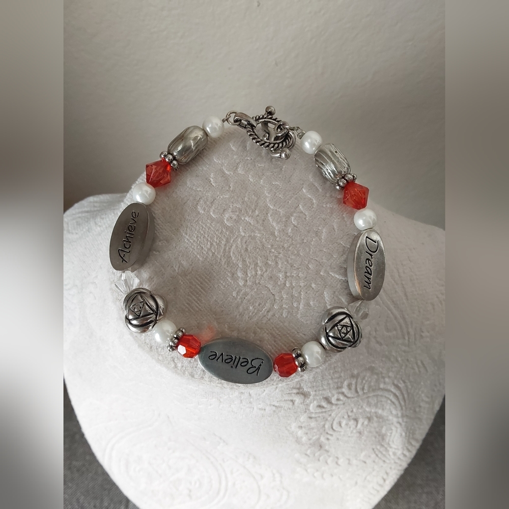 Inspirational Women's Silver with Red, Pearl, Clear Beads